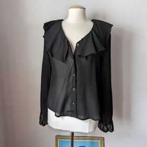 Vintage Sheer Black Long Sleeve Ruffle Neckline Blouse